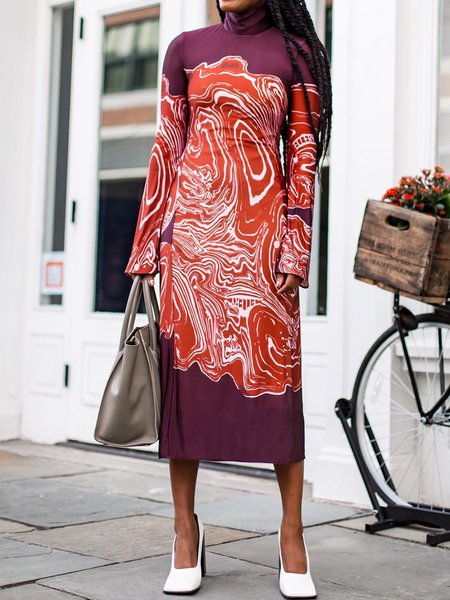 

Urban Abstract Printing Turtleneck Midi Dress, As picture, Maxi Dresses