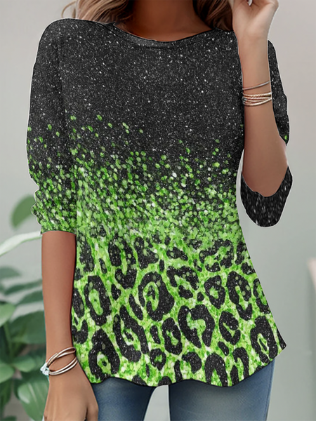 

Casual Ombre Crew Neck Long Sleeve T-shirt, Black-green, Blouses