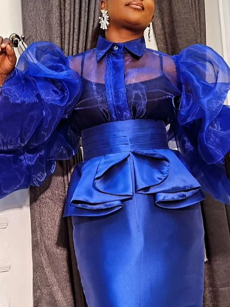 

Urban Plain Buttoned Balloon Sleeve Shirt, Blue, Blouses and Shirts