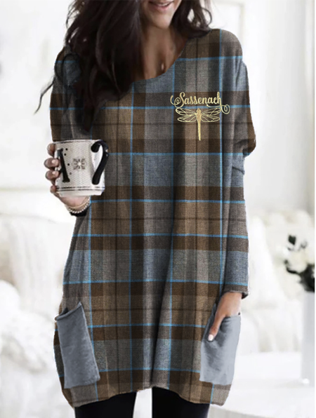 

Vintage Classic Plaid Pattern Crew Neck Long Sleeve T-shirt, Brown, T-shirts
