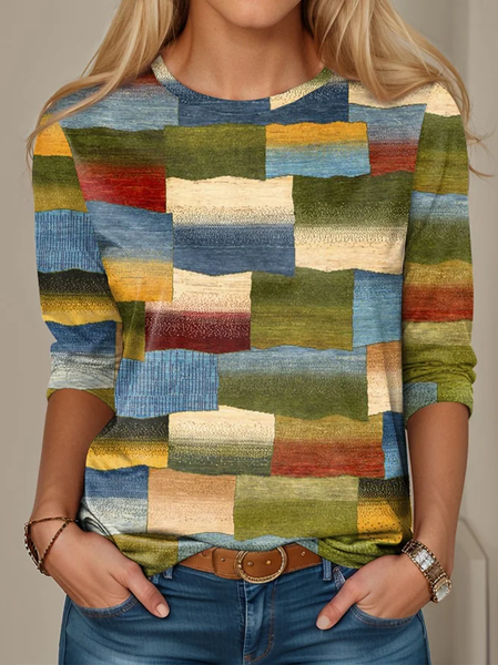 Casual Long Sleeve Round Neck T-Shirt, As picture, Long sleeves