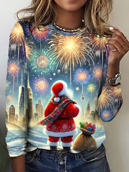

Vintage Santa Claus Pattern Crew Neck Long Sleeve T-shirt, Light blue, T-shirts