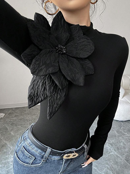 Urban Plain 3D Floral Stand Collar T-shirt, Black, Tees