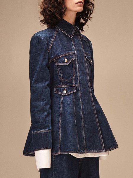 

Casual Pockets Plain Shirt Collar Denim Coat, Blue, Jackets