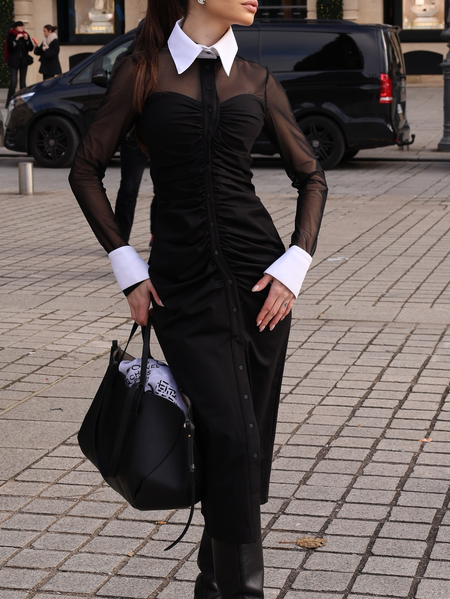 

Urban Plain Buttoned Mesh Midi Dress, Black, Maxi Dresses