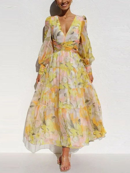 

Vacation Floral Balloon Sleeve Printing V Neck Midi Dress, Yellow, Midi Dresses