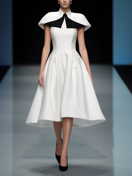 

Elegant Color Block Stand Collar Midi Dress, Black-white, Midi Dresses