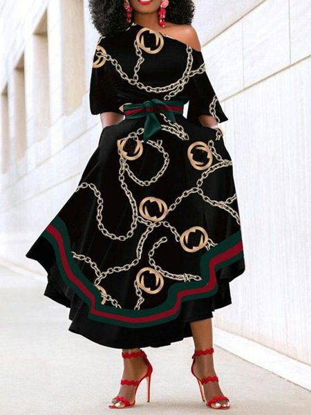 

Urban Striped Raglan Sleeve One Shoulder Maxi Dress With Belt, Black, Midi Dresses