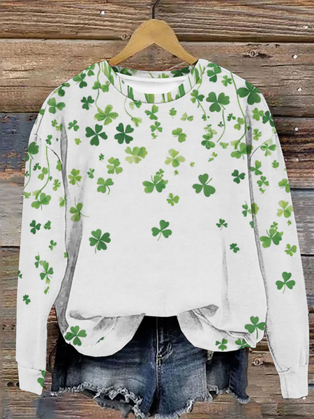 

Women's Four-leaf Clover Crew Neck Casual Spring/Fall Long Sleeve Sweatshirt, White, Sweatshirts & Hoodies