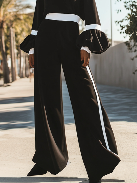 

Casual Color Block Pants, Black-white, Pants