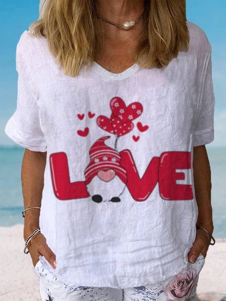 

Women's Valentine's Day Gnome Love Print Short Sleeve V Neck T-Shirt, White, Blouses