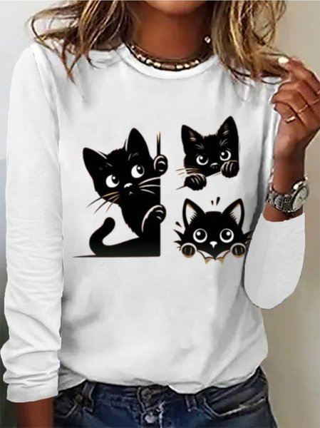 

Cat Print Casual T-Shirt, White, Long sleeves