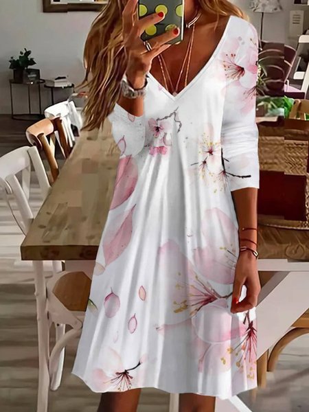 

Women's Long Sleeve Summer Floral Jersey Dress V Neck Holiday Going Out Casual Midi A-Line TUNIC, Pink, Dresses