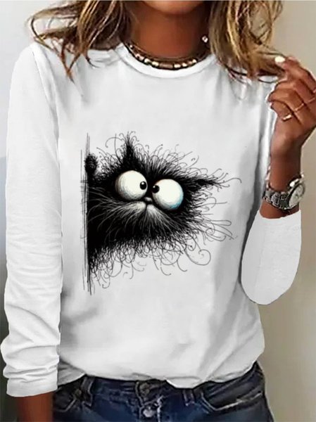 

Women's Long Sleeve Tee T-shirt Spring/Fall Cat Jersey Crew Neck Daily Going Out Casual Top, White, T-Shirts