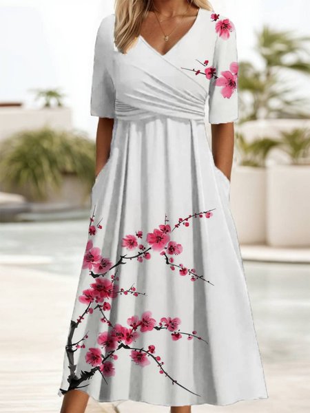 

Floral Print Long Sleeve V-neck Dress, White, Maxi Dresses