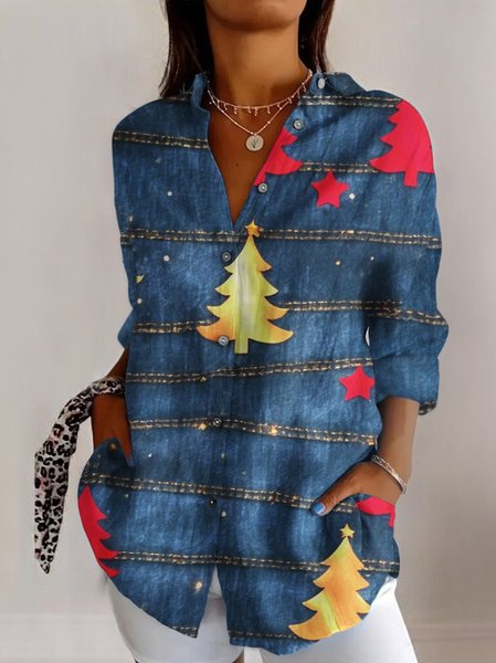 

Shirt Collar Long Sleeve Geometric Regular Micro-Elasticity Regular Fit Shirt For Women, Blue, Shirts