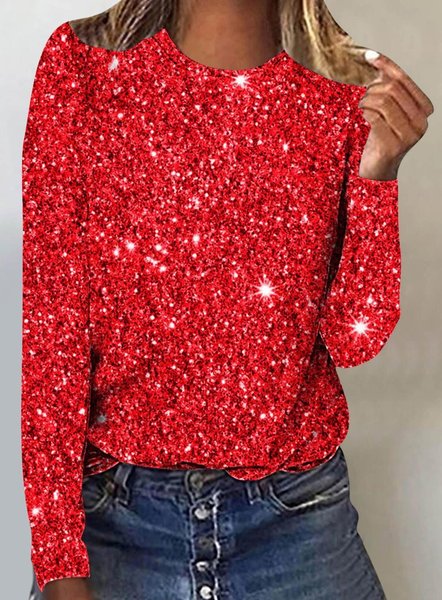 

Casual Long Sleeve Round Neck T-Shirt, Red, Long sleeves