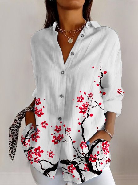 

Shirt Collar Long Sleeve Geometric Regular Micro-Elasticity Regular Fit Shirt For Women, White, Shirts