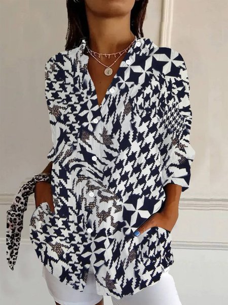 

Women's Long Sleeve Shirt Spring/Fall Geometric Shirt Collar Holiday Going Out Casual Top, Black, Shirts