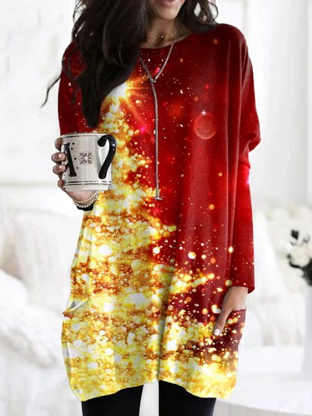 

Vintage Christmas Holiday Pattern Crew Neck Long Sleeve T-shirt, Red, T-shirts
