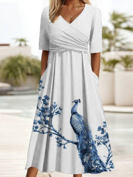 

Women's Short Sleeve Summer Peacock Dress V Neck Holiday Going Out Casual Maxi A-Line, Blue, Dresses