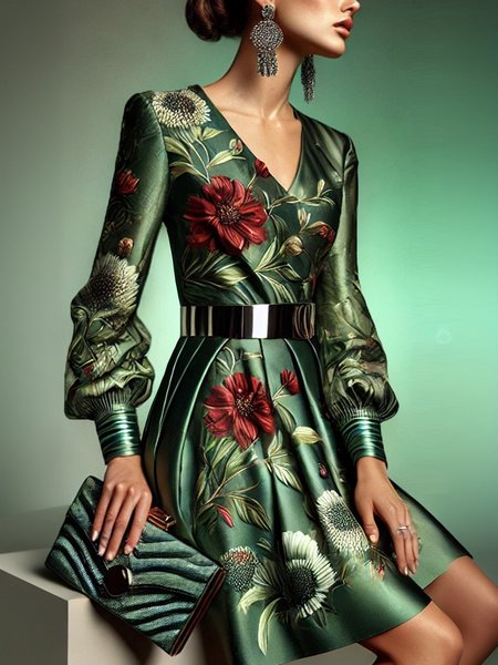Elegant Floral Balloon Sleeve Printing Dress With No Belt, Green, Midi Dresses