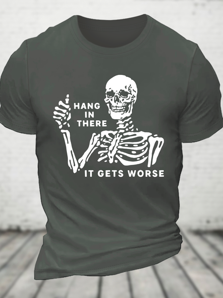 Hang In There Skeleton Cotton T-Shirt, Deep gray, T-shirts
