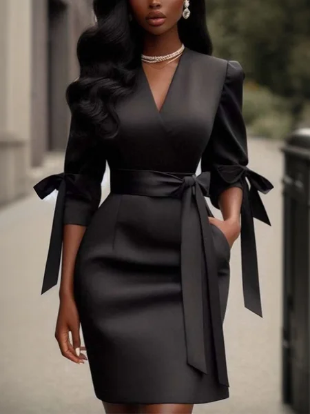 

Urban Plain Puff Sleeve Bow V Neck Mini Dress, Black, Mini Dresses