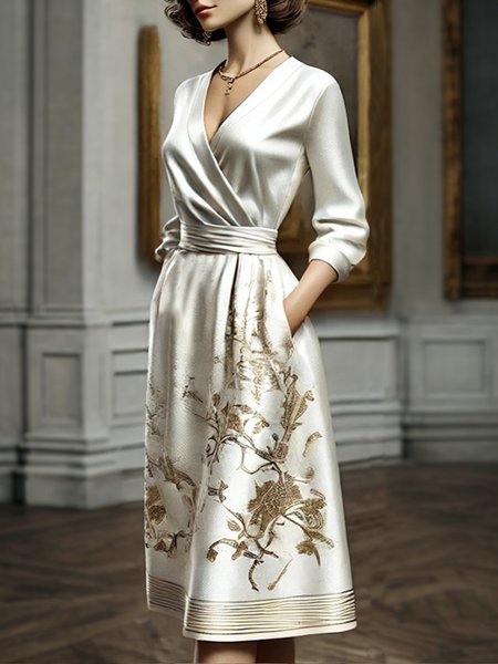 Elegant Floral Printing V Neck Knee Length Dress With Belt, White, Midi Dresses