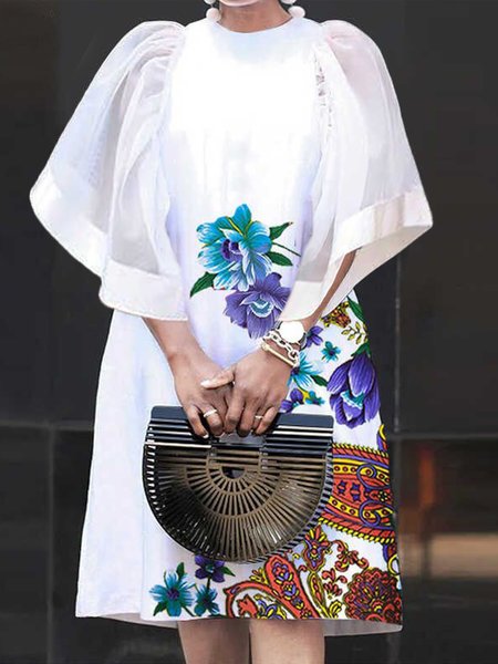

Elegant Floral Ruffle Sleeve Crew Neck Midi Dress, White, Midi Dresses