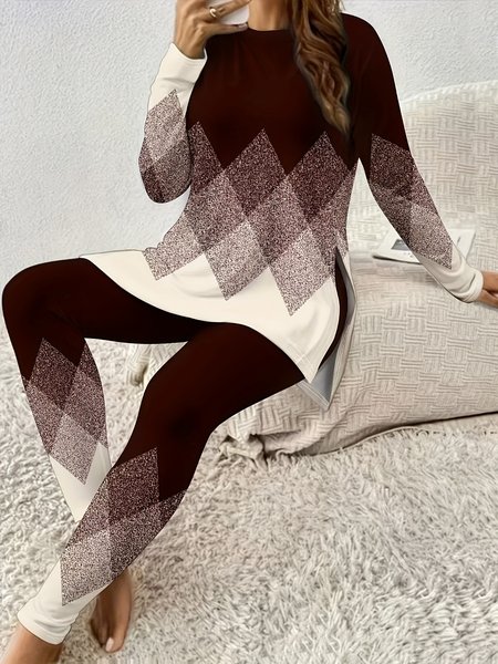 

Women's Jersey Geometric Daily Going Out Two Piece Set Long Sleeve Casual Spring/Fall Top With Pants Matching Set, Coffee, Suit Set