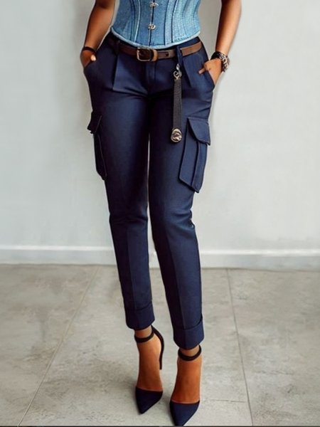 

Casual Plain Pockets Cargo Pants With No Belt, Purplish blue, Pants