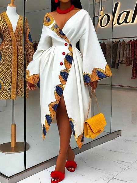 

Elegant Floral Raglan Sleeve Buttoned V Neck Knee Length Dress, As picture, Midi Dresses
