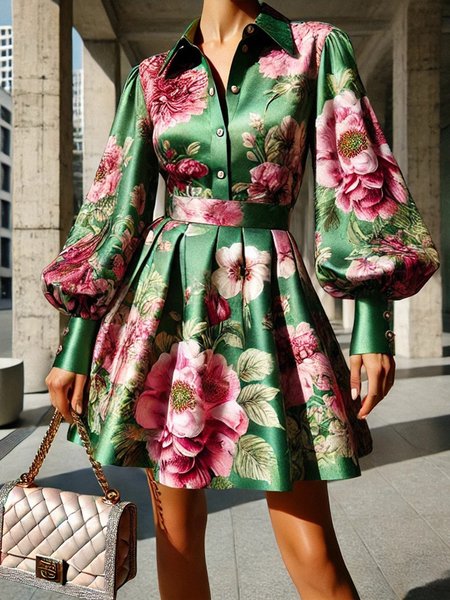 

Elegant Floral Shirt Collar Mini Dress, Green, Midi Dresses