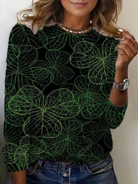 

St. Patrick's Day Casual Abstract Crew Neck Long Sleeve T-shirt, Green, T-shirts