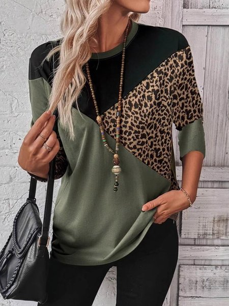 

Casual Color Block Crew Neck Long Sleeve T-shirt, Green, T-shirts