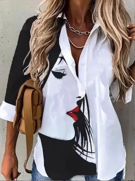 

Women's Long Sleeve Shirt Spring/Fall Floral Shirt Collar Daily Going Out Casual Top, Black, Blouses