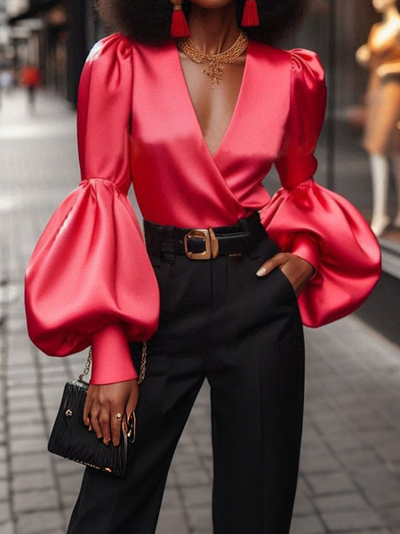 Satin Elegant Plain Balloon Sleeve Blouse, As picture, Blouses and Shirts