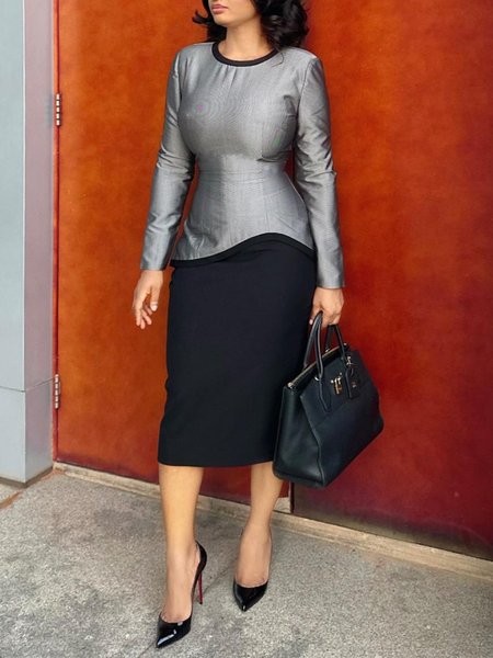 Urban Color Block Split Joint Crew Neck Midi Dress, As picture, Midi Dresses