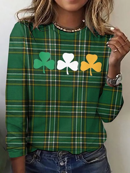 

St. Patrick's Day Vintage Plaid Crew Neck Long Sleeve T-shirt, Green, T-shirts