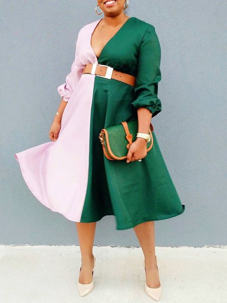 

Urban Color Block V Neck Midi Dress No Belt, As picture, Midi Dresses