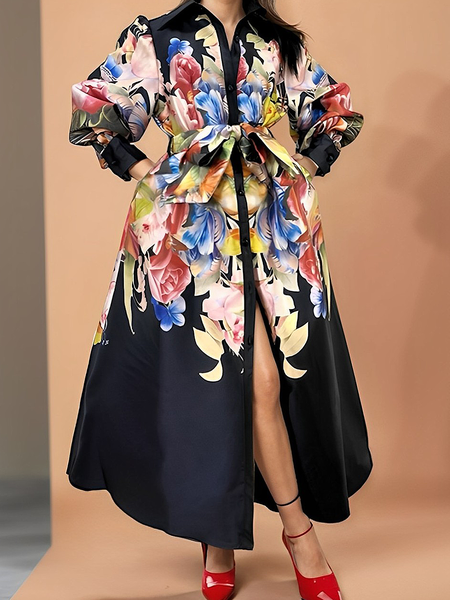 

Elegant Floral Shirt Collar Maxi Dress With Belt, As picture, Maxi Dresses