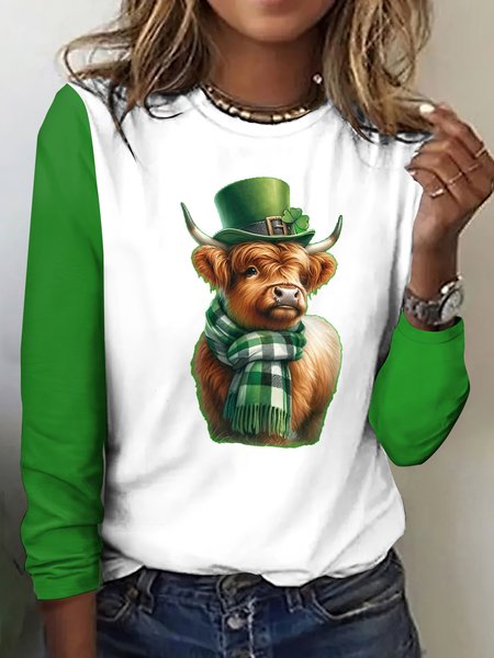 

St. Patrick's Day Vintage Plaid Crew Neck Long Sleeve T-shirt, White, T-shirts