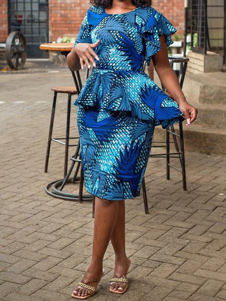 

Urban Plants Ruffle Sleeve Printing Crew Neck Midi Dress, As picture, Midi Dresses