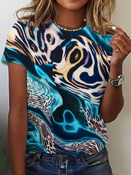 Leopard Print Short Sleeve Crew Neck T-shirt, Blue, T-shirts