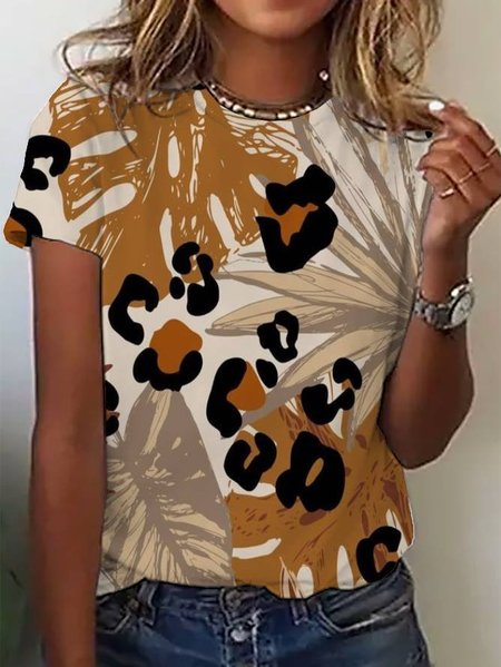 

Women's Short Sleeve Leopard Tee T-shirt Summer Leaf Floral Jersey Crew Neck Daily Going Out Casual Top, Brown, T-Shirts