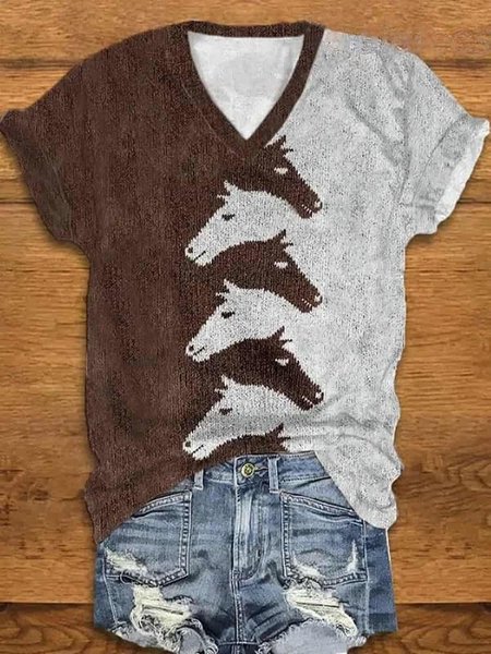 

Print Casual V Neck Short Sleeve T-Shirt, As picture, T-shirts