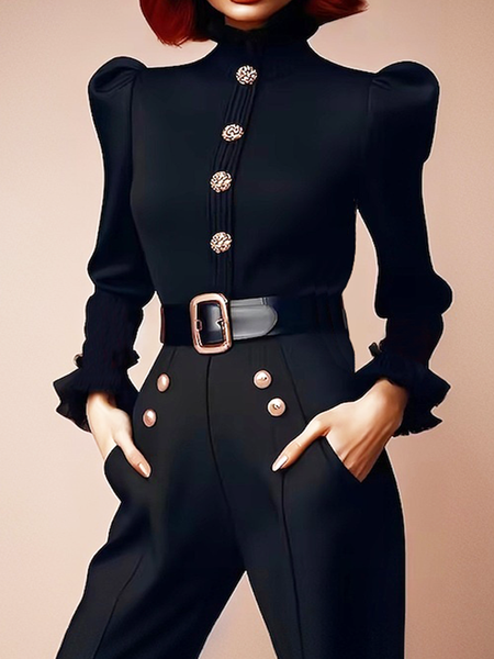 Urban Plain Buttoned Stand Collar Blouse, Black, Blouses and Shirts
