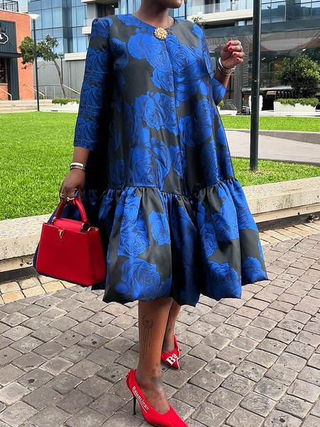 

Elegant Floral Loosen Midi Dress, Blue, Midi Dresses