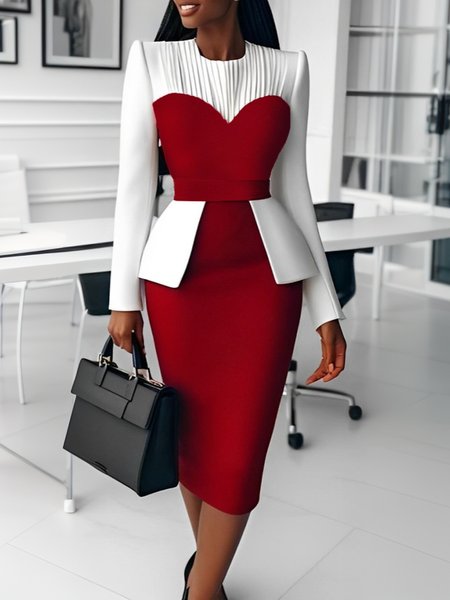 Elegant Color Block Split Joint Crew Neck Midi Dress, Red, Midi Dresses